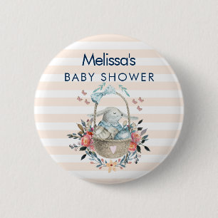 Momma Bunny i Basket & Söt Blommigt Baby Shower Knapp