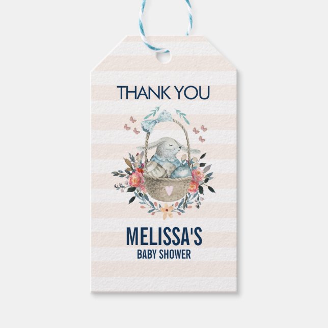Momma Bunny i Basket & Söt Blommigt Baby Shower Presentetikett (Framsidan)