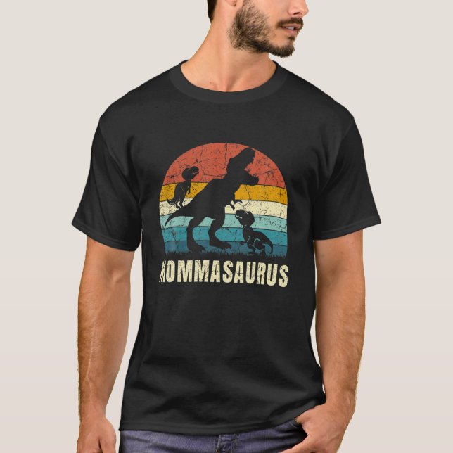 Momma Dinosaur Mommasaurus 2 Två barn Son Dotter T Shirt (Framsida)