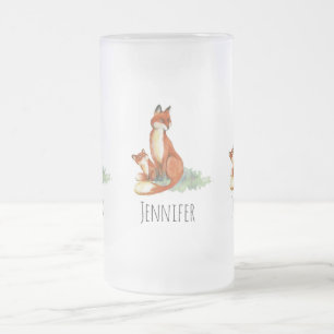 Momma Fox och Baby Watercolor Illustration Frostat Ölglas