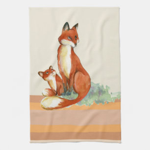 Momma Fox och Baby Watercolor Illustration Kökshandduk