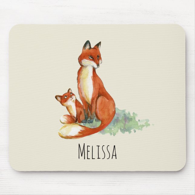 Momma Fox och Baby Watercolor Illustration Musmatta (Framsidan)