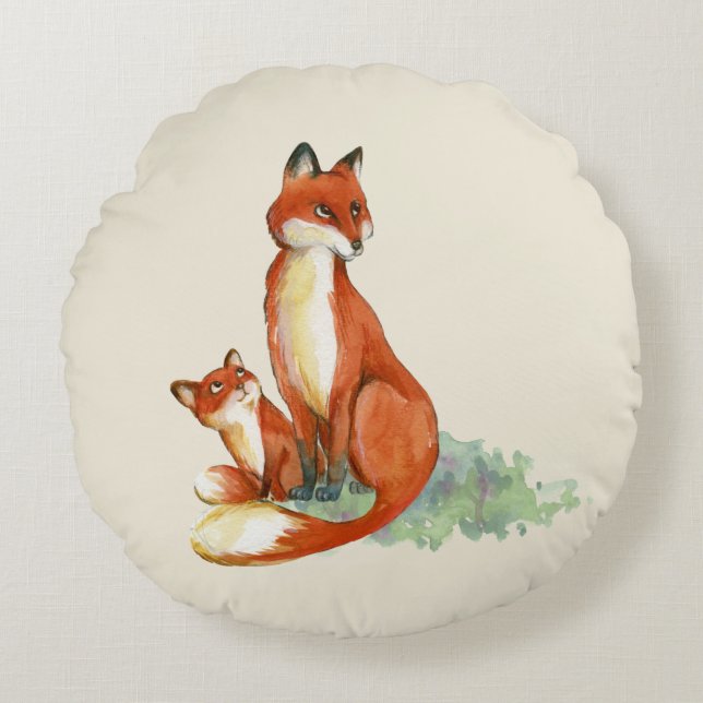 Momma Fox och Baby Watercolor Illustration Rund Kudde (Framsidan)