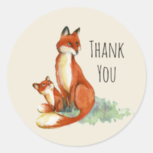 Momma Fox och Baby Watercolor Illustration Runt Klistermärke