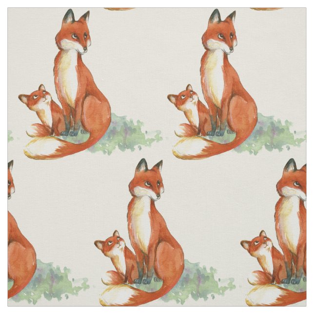 Momma Fox och Baby Watercolor Illustration Tyg (Provkarta)