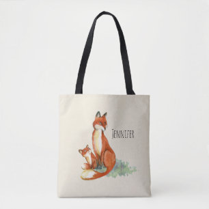 Momma Fox och Baby Watercolor Illustration Tygkasse