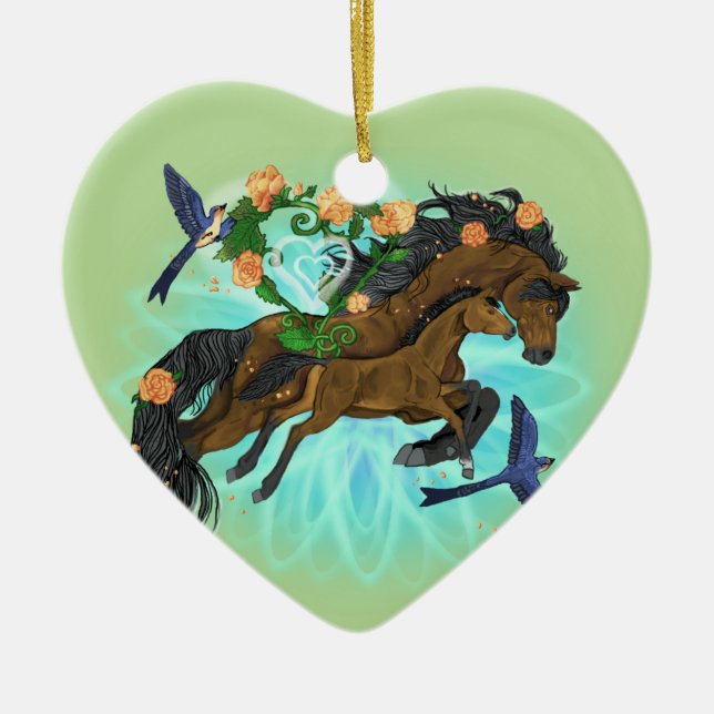 Momma Horse och föl Julgransprydnad Keramik (Framsidan)