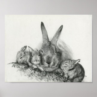 Momma kanin med Baby Bunnies Pencil Teckning Poster