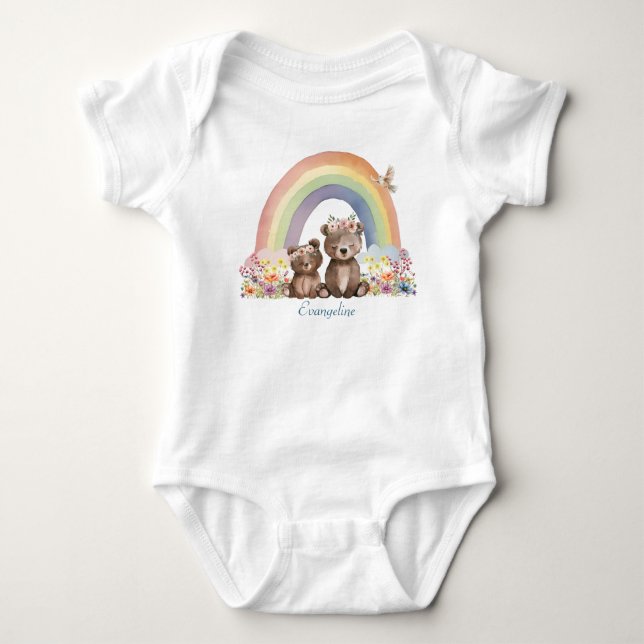 Momma och Baby Bear i Blommor under regnbåge T Shirt (Framsida)