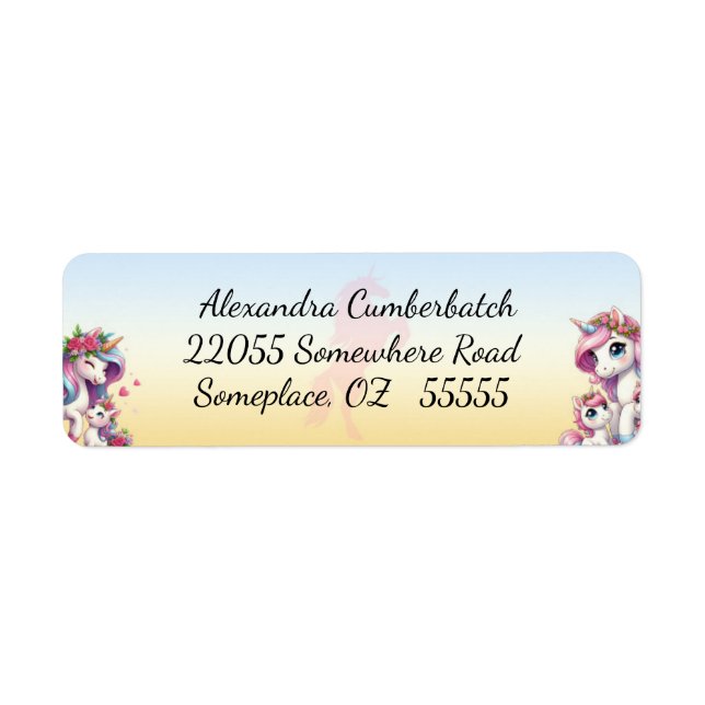 Momma och Baby Pastel Unicorns Returadress Etikett (Framsidan)