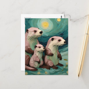 Momma Poppa och Baby Otter i havet Vykort