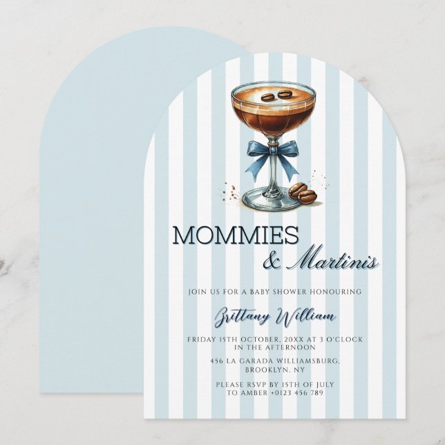 Mommies och Martinis Blue Bow Arch Baby Shower Inbjudningar (Fram/baksida)