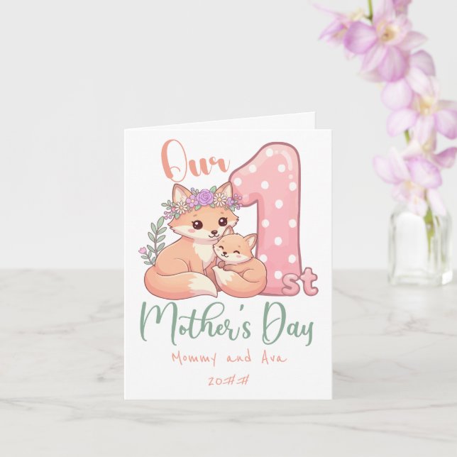 Mommy and Baby Fox Pink 1st Mothers Day Kort (Orkide)