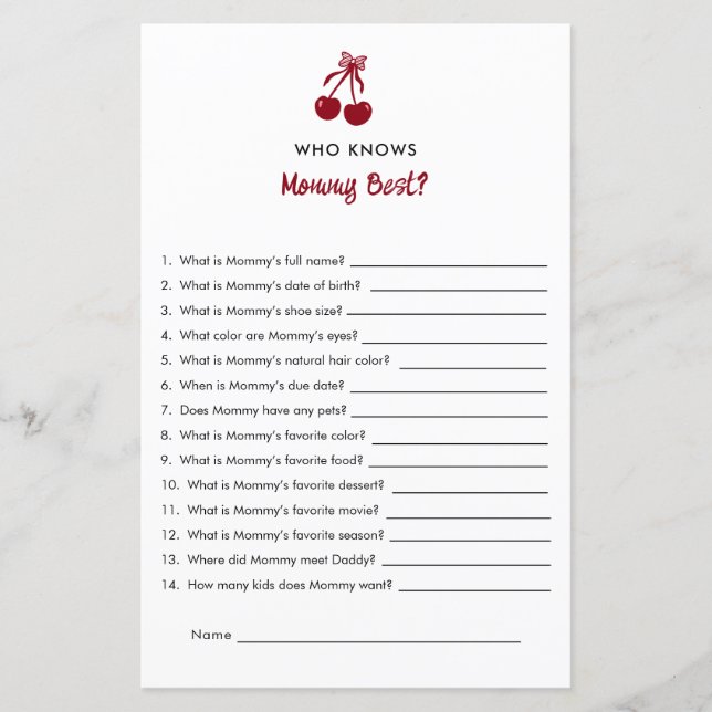 Mommy Knows Best Baby Shower Game Cherry Bow Red (Framsida)