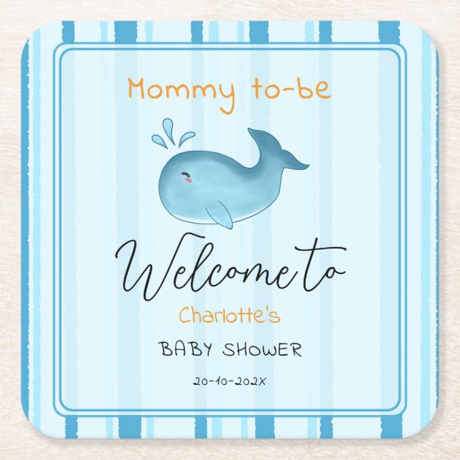 Mommy To Be Cute Whale Baby Shower Underlägg Papper Kvadrat (Framsidan)