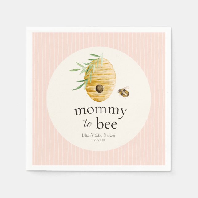 Mommy To Bee Striped Blush Pink Girl Baby Shower  Pappersservett (Framsidan)