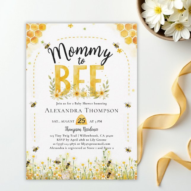 Mommy to Bee Wildflowers Honey Arch Baby Shower Inbjudningar (bee baby shower theme invitation spring summer mommy wildflowers little honey watercolor elegant)