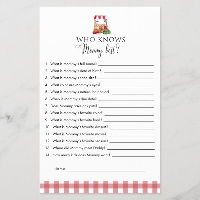 Mommy Trivia Game Locally Grown Baby Shower Market Flygblad (Framsidan)