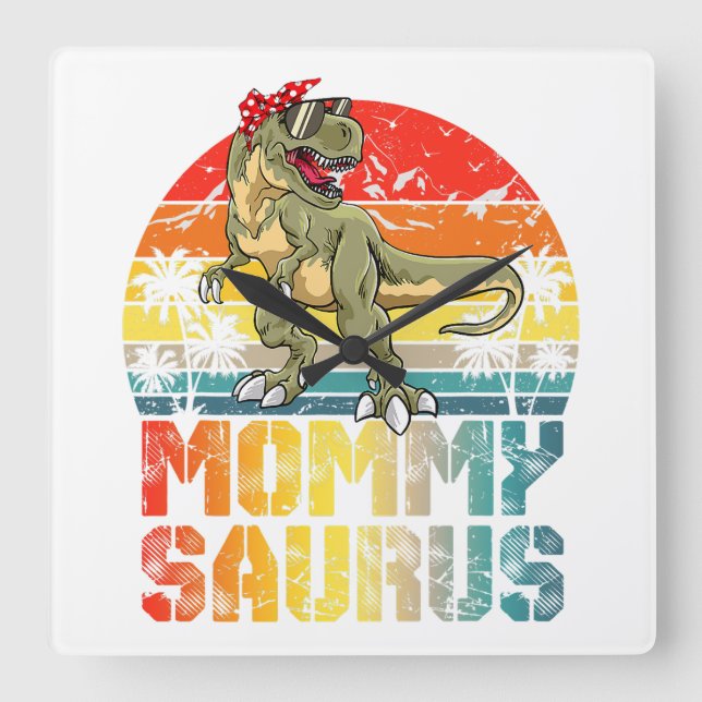 Mommysaurus t Rex Dinosaur Mamma Saurus familjemat Fyrkantig Klocka (Framsida)