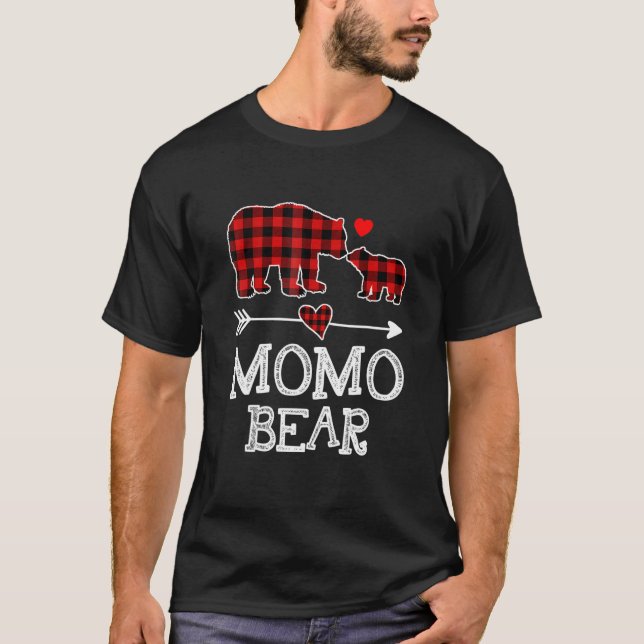 Momo Bear Christmas Pajama Red Plaid Buffalo Famil T Shirt (Framsida)