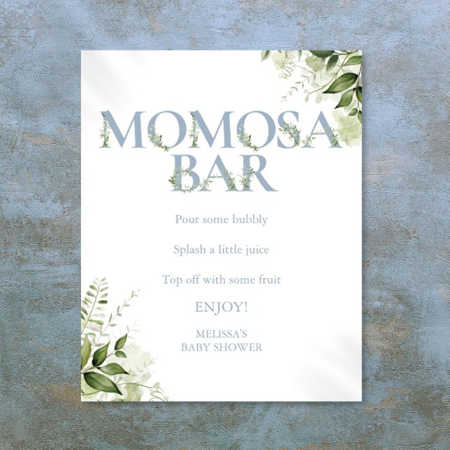 Momosa Bar Grönska Dammblå Baby Shower Poster (Momosa Bar Greenery Dusty Blue Baby Shower Poster)