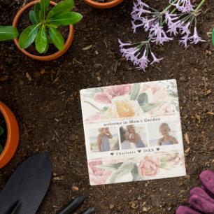 Mom's Garden Stone   Floral Three Photo Collage Stenunderlägg