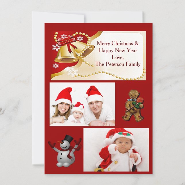 Momskort guld Julafton, Klockor, Pärlor och Snöfli Julkort (Framsida)