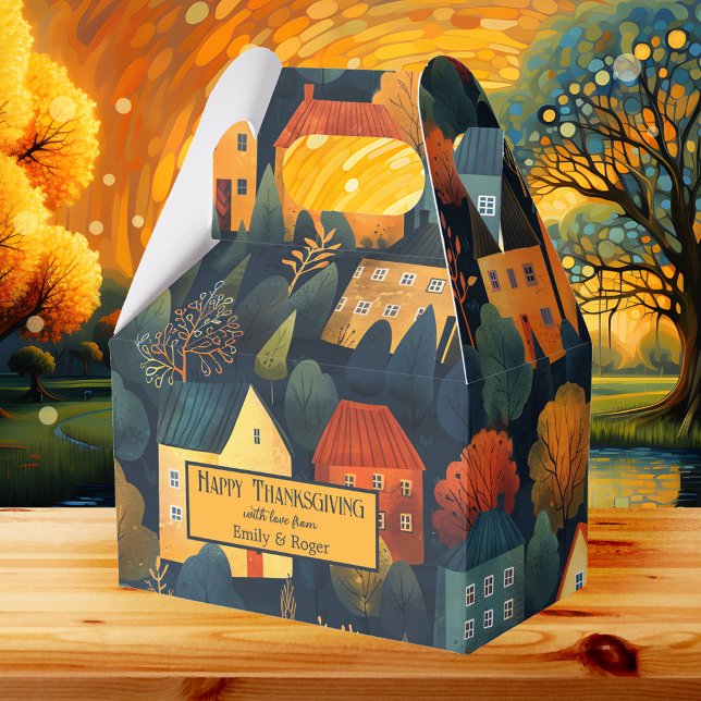 Momsruta för färgad Thanksgiving Presentaskar (Autumn gift box showing a painting of colorful houses in bold fall colors. Great for Thanksgiving)