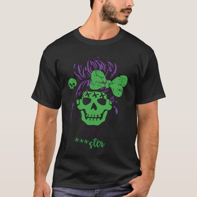 Momster Halloween Costume Skull Mum Messy Hair T Shirt (Framsida)