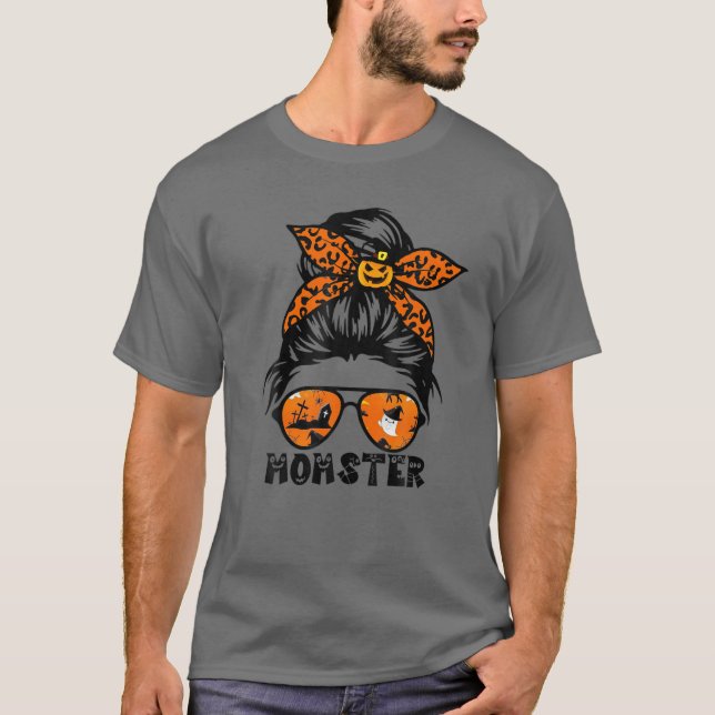 Momster Halloween for Women Messy Bun Skull Mamma T Shirt (Framsida)
