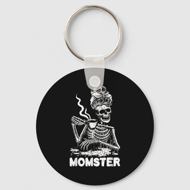 Momster Skeleton Woman Coffee Funny Halloween Mom  Nyckelring (Framsida)