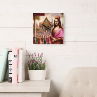 Mona är framför thailändska tempel fyrkantig klocka