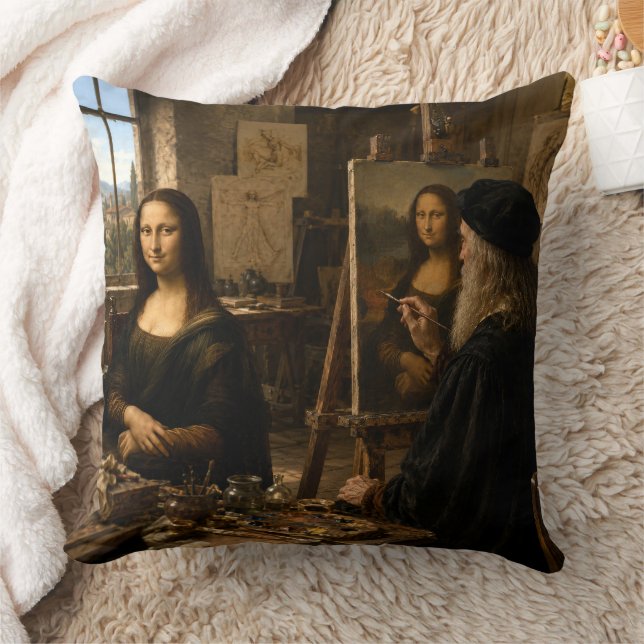 Mona Lisa besöker Leonardo Da Vincis studio nr 2 Kudde (Filt)