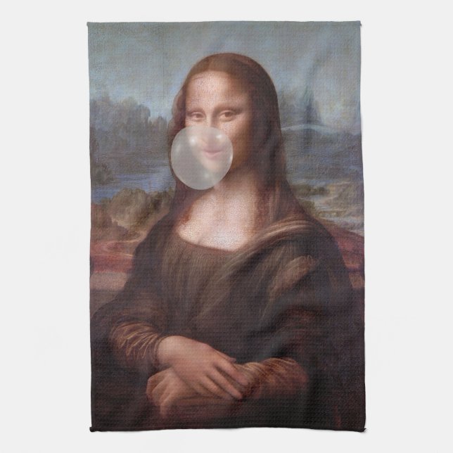 Mona Lisa blåser grått bubbelgum Kökshandduk (Vertikal)