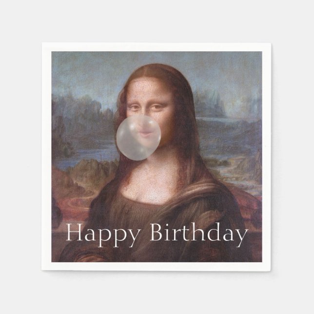 Mona Lisa blåser tuggummi Glad födelsedag Pappersservett (Framsidan)