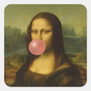 Mona Lisa Blowing Rosa Bubble Gum Fyrkantigt Klistermärke