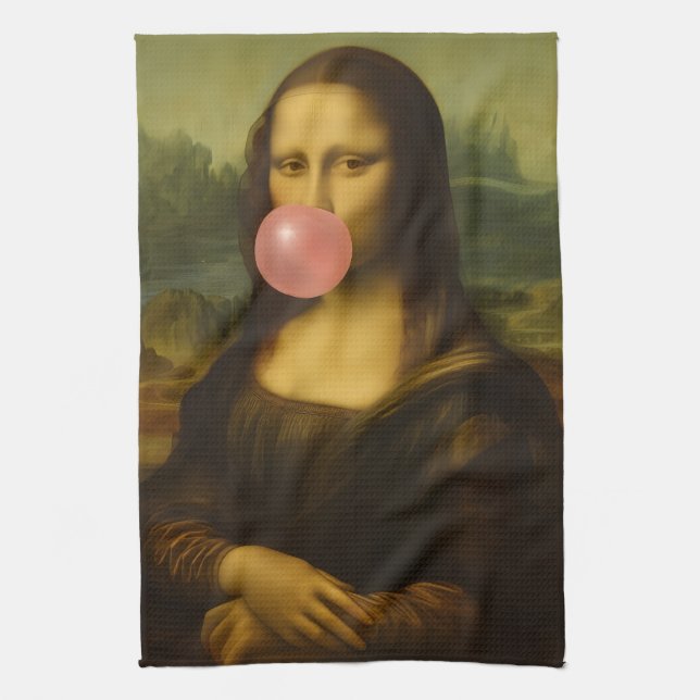 Mona Lisa Blowing Rosa Bubble Gum Kökshandduk (Vertikal)