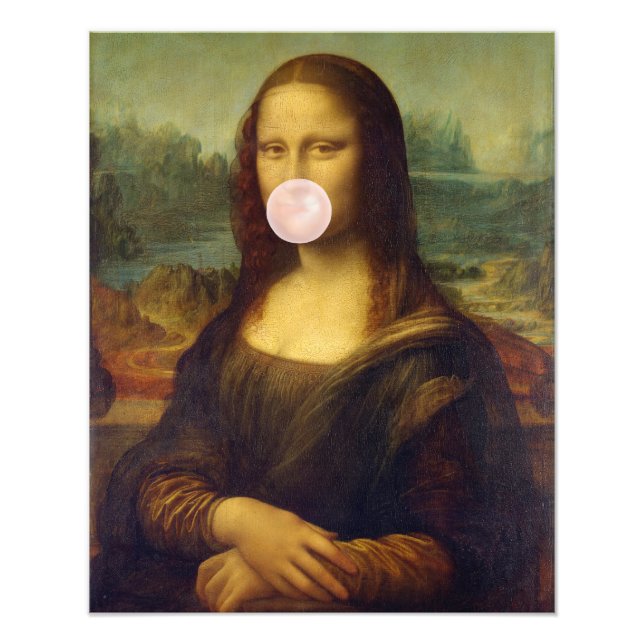 Mona Lisa Blowing Rosa Bubble tum Fototryck (Framsidan)