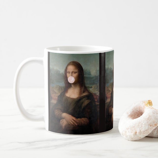 Mona Lisa Blowing Rosa Bubble tum Kaffemugg (Med munk)