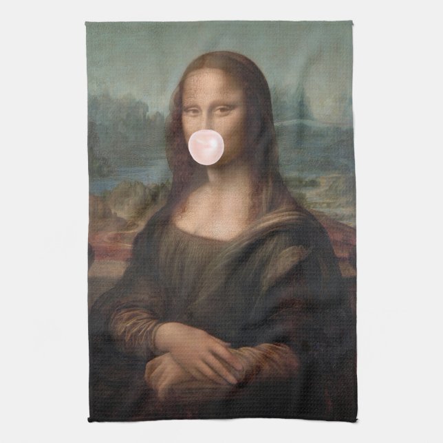 Mona Lisa Blowing Rosa Bubble tum Kökshandduk (Vertikal)