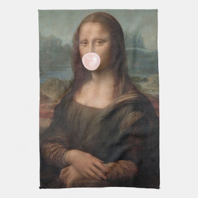 Mona Lisa Blowing Rosa Bubble tum Kökshandduk (Vertikal)