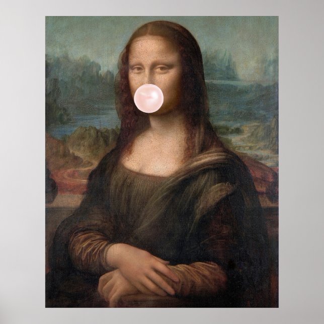 Mona Lisa Blowing Rosa Bubble tum Poster (Framsidan)