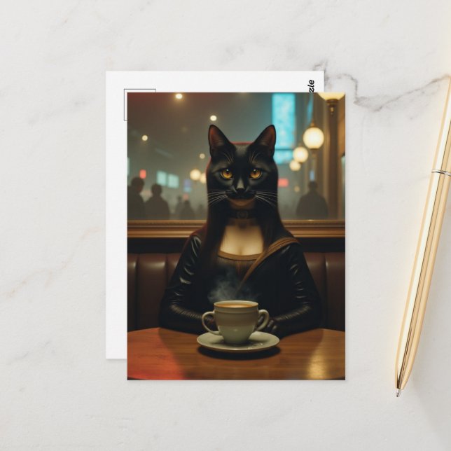 Mona Lisa Cat in a Coffee shop Vykort (Fram/Back In Situ)