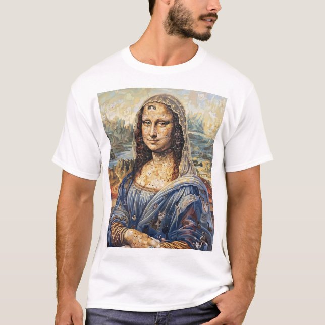 Mona Lisa collage art made with cat faces T Shirt (Framsida)