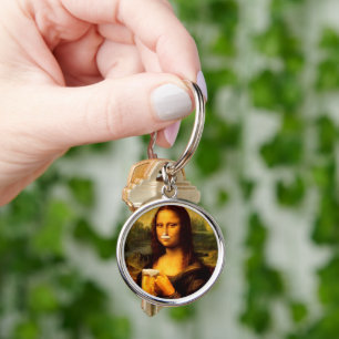 Mona Lisa dricker öl Beer älskare Rund Silverfärgad Nyckelring