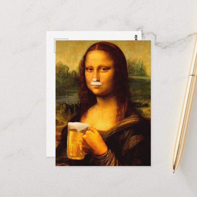 Mona Lisa dricker öl Beer älskare Vykort (Fram/Back In Situ)