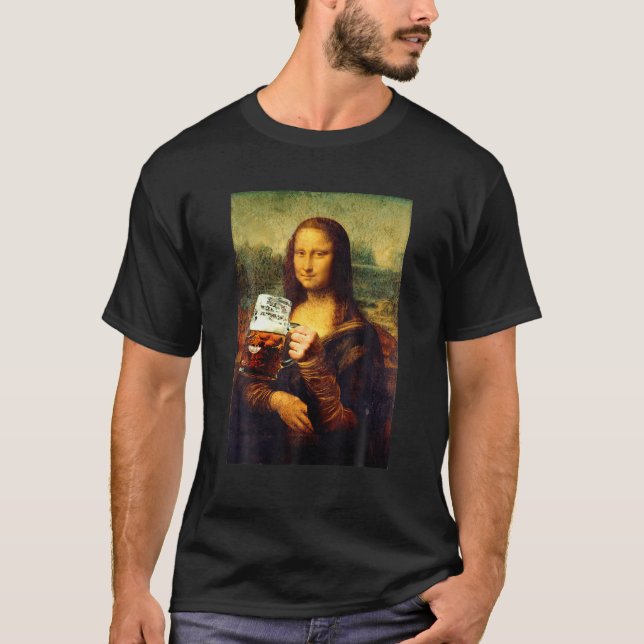 Mona Lisa Drinking Beer Leonardo Da Vinci T Shirt (Framsida)