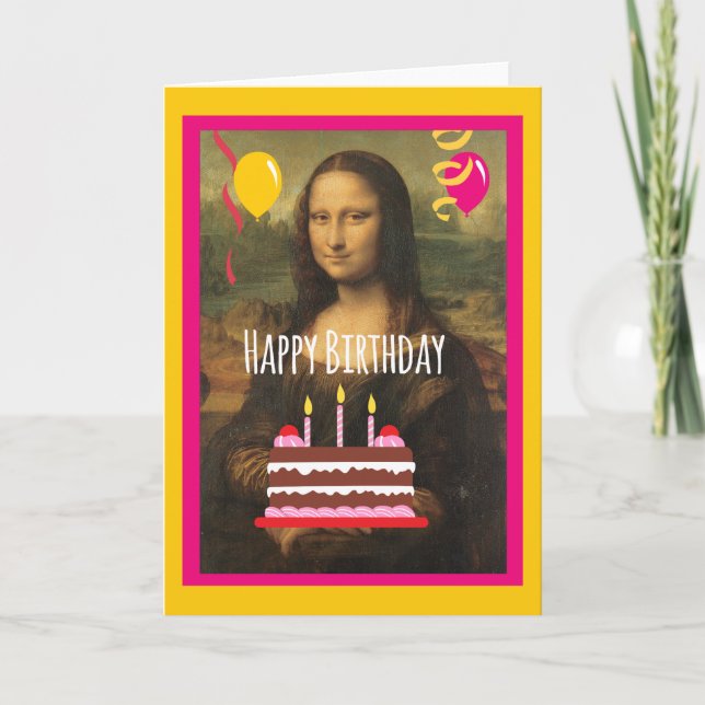 Mona Lisa födelsedag med tårtan och ballonger Kort (Framsida)