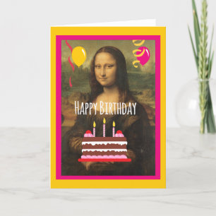 Mona Lisa födelsedag med tårtan och ballonger Kort