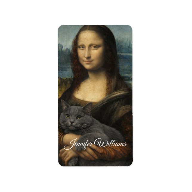 Mona Lisa håller elegant grå katt                 Adressetikett (Framsidan)